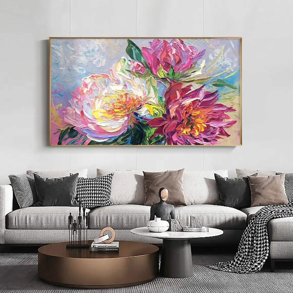 Abstract Blooming Flower Hand Painted Oil Painting Purple Flower Painting Palette Knife Heavy Textured Paintings Large Wall Art