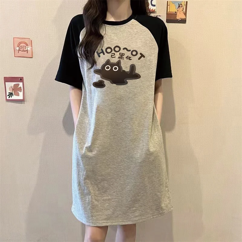 Summer Japanese Popular Cartoon Cute Kitten Loose Round-neck Short-sleeved Dress Women's Wear
