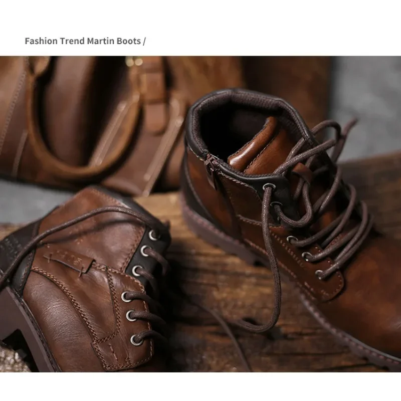 Leather Men Ankle Botas Plus Size Retro High Top Shoes Outdoor Work Casual Shoes Motorcycle Combat Boots Fashion Autumn Brown