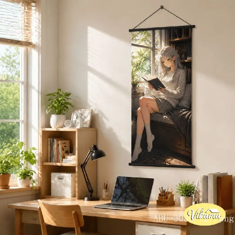 VIKAMA Anime Girl Reading Book Tapestry Cozy Window Silver Hair Literary Art Wall Hanging Bedroom Aesthetic Home Decor