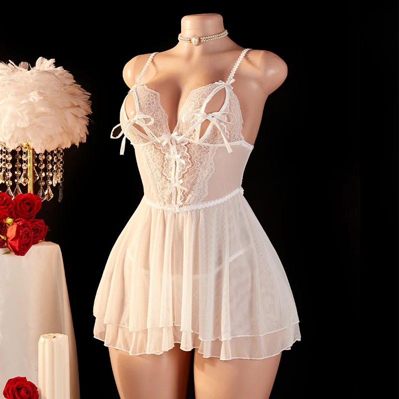 Transparent Sexy Woman Lingerie Deep V White Lace Backless Sleeping Dress Set Open Bow Bra Erotic Nightgown Costumes