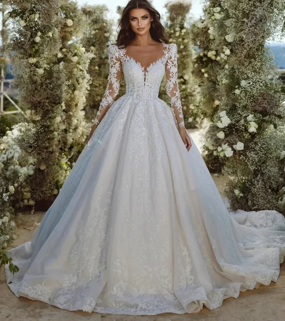 2024 nova chegada elegante princesa a linha vestidos de casamento personalizado colher pescoço renda apliques mangas completas vestido de noiva