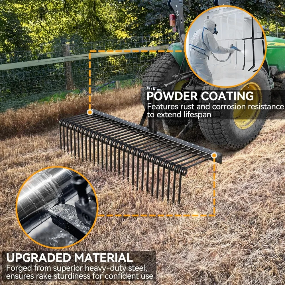 72 Steel Pine Straw Rake 32 Durable Springs Landscape Tractor Rake Attachments Powder Coated 3 Point Quick Hitch for T