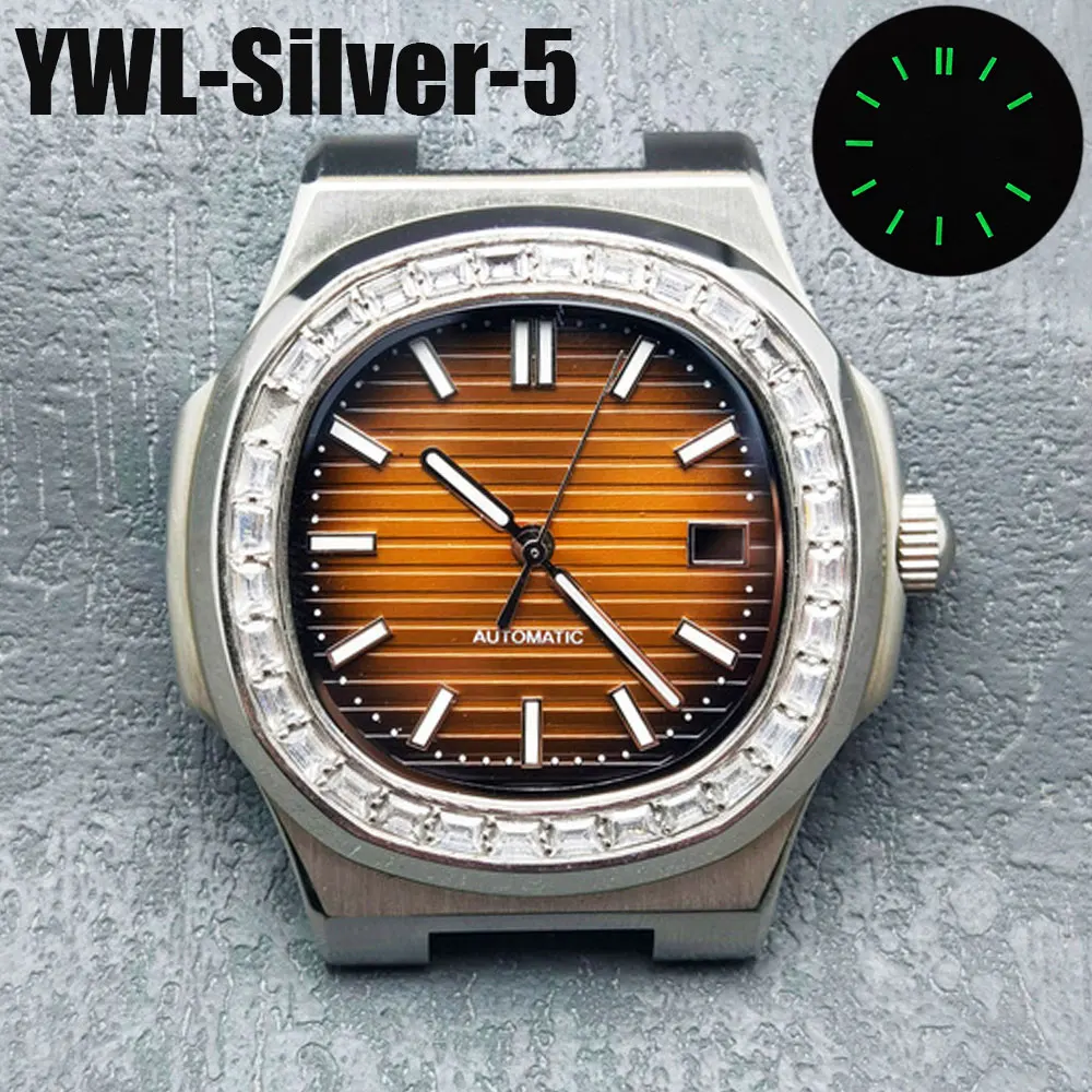 YWL43mm Nautilus NH35 Case Watch Accessories Stainless Steel Case with Diamonds Luminous Dial for NH35 Movement