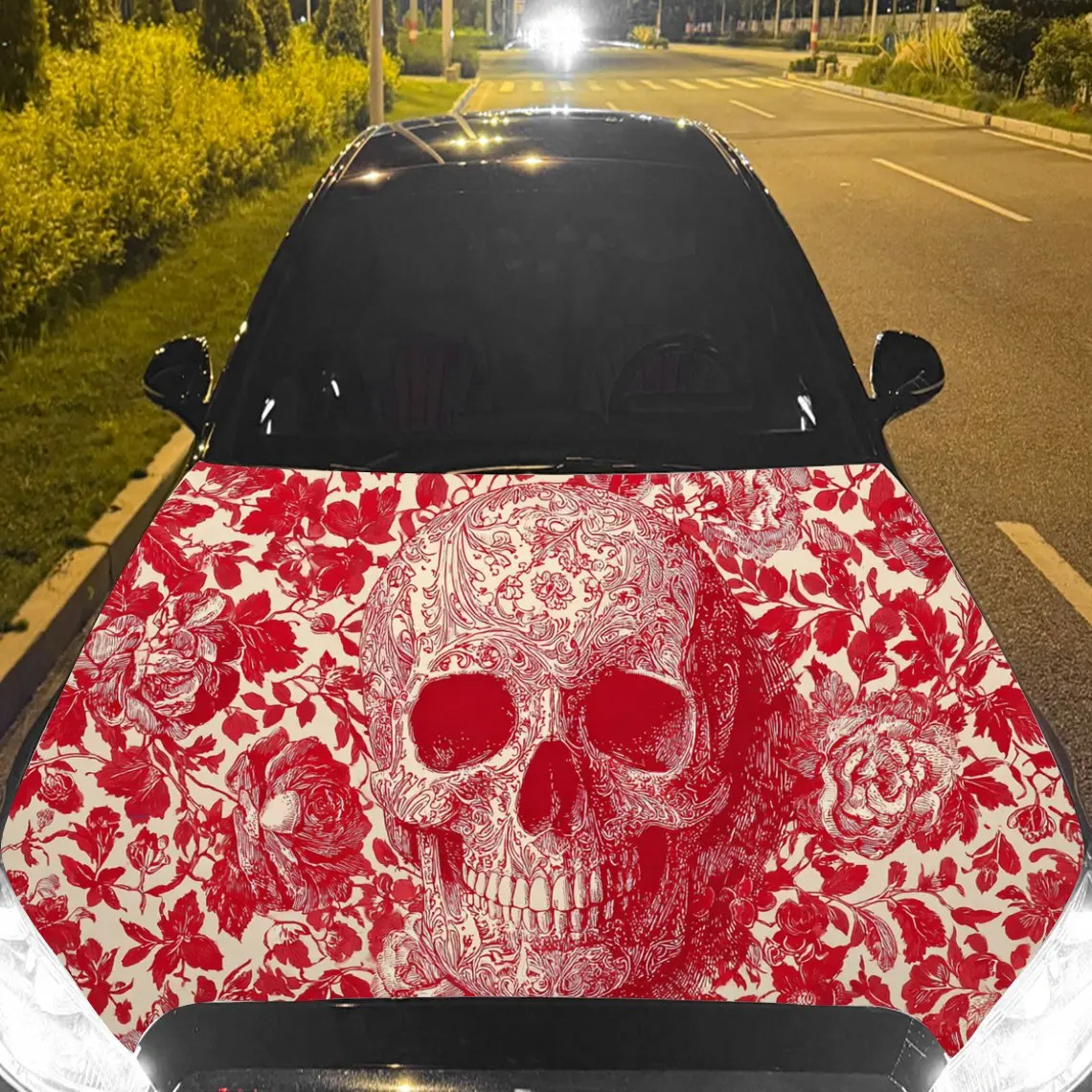 Car Decal Skull with Red-Intricate Floral Textured Motif in Artistic Gothic-Enigmatic Style - Bold Terrestrial Mysterious Fantas