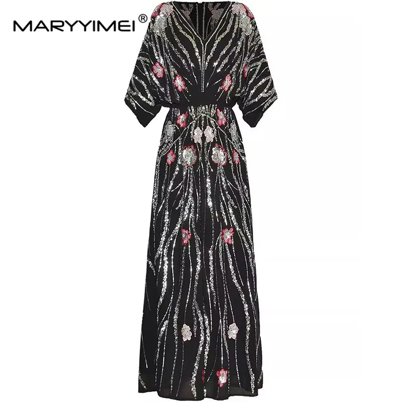 MARYYIMEI Fashion Design Spring Summer Women\'s Batwing V-Neck Batwing Sleeve Sequins Embroidery Beading Streetwear Dresses