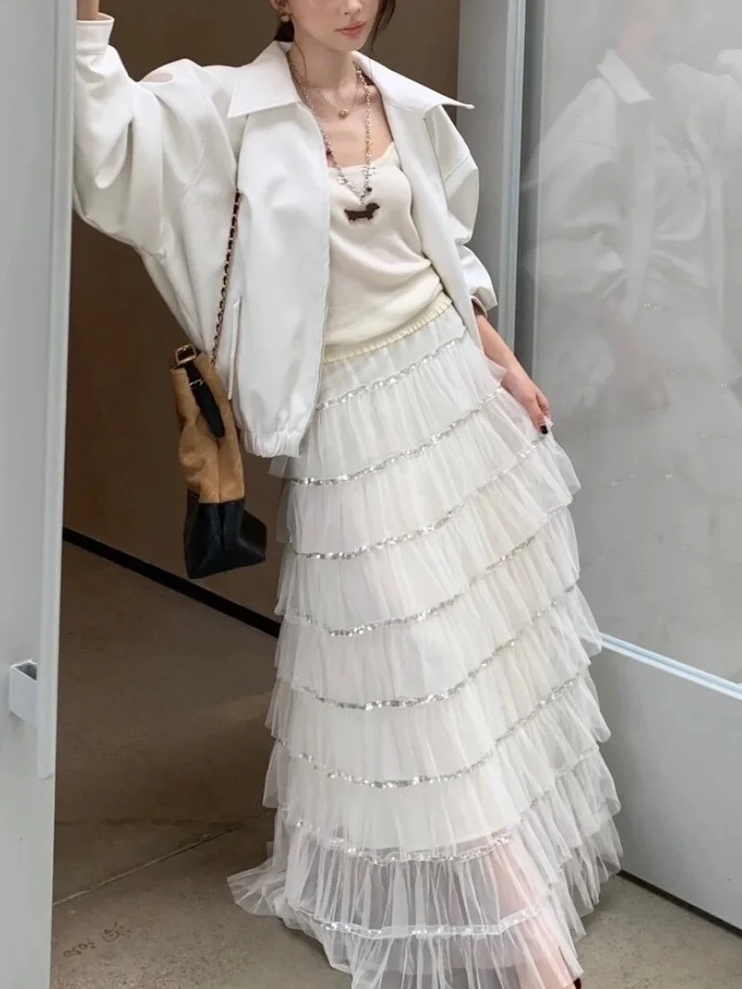 

Новая женская модная юбка с пайетками и вышивкой, плиссированная, с высокой талией, из сетчатой ткани, весна-лето