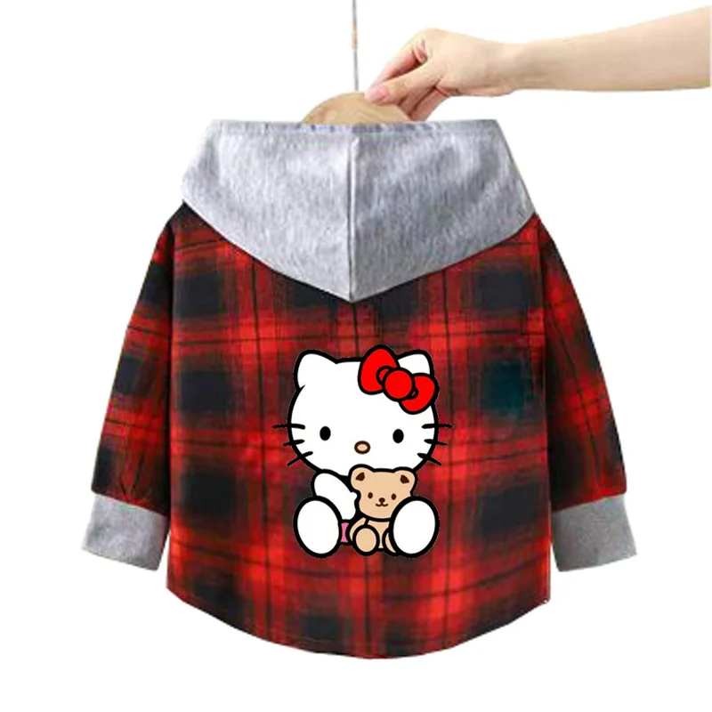 children's cartoon Hooded shirt Kids Spring blouse baby girls hello kitty casual plaid shirt girls Kuromi Summer long-sleeve Top