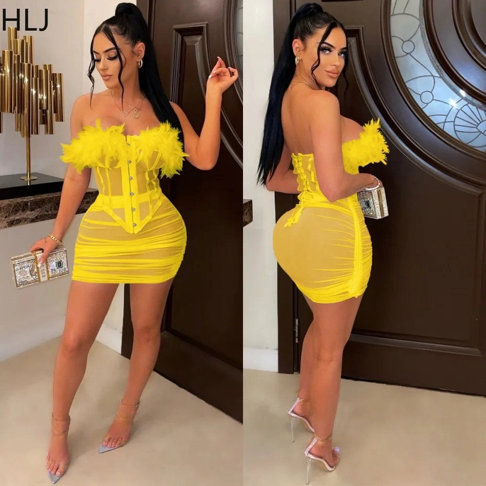 

HLJ Feathers Mesh Two Piece Sets Women Outfits for Night Club Party Birthday Strapless Corset Crop Top + Bodycon Mini Skirts Set