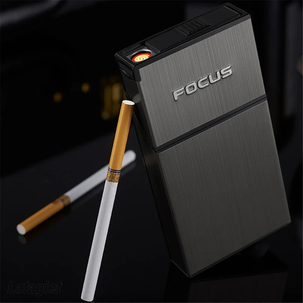 Long Cigarette Case USB Charging Lighter 20Pcs Capacity Metal Cigarette Box Tobacco Holder Replaceable Wire Windproof Lighter