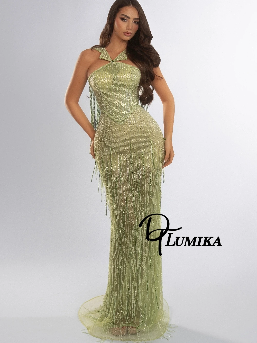 

Mint Green Halter Fringe Prom Dress Sexy Illusion Sheer Mesh Beaded Mermaid Evening Gown Customized Dazzling Delicate Wear