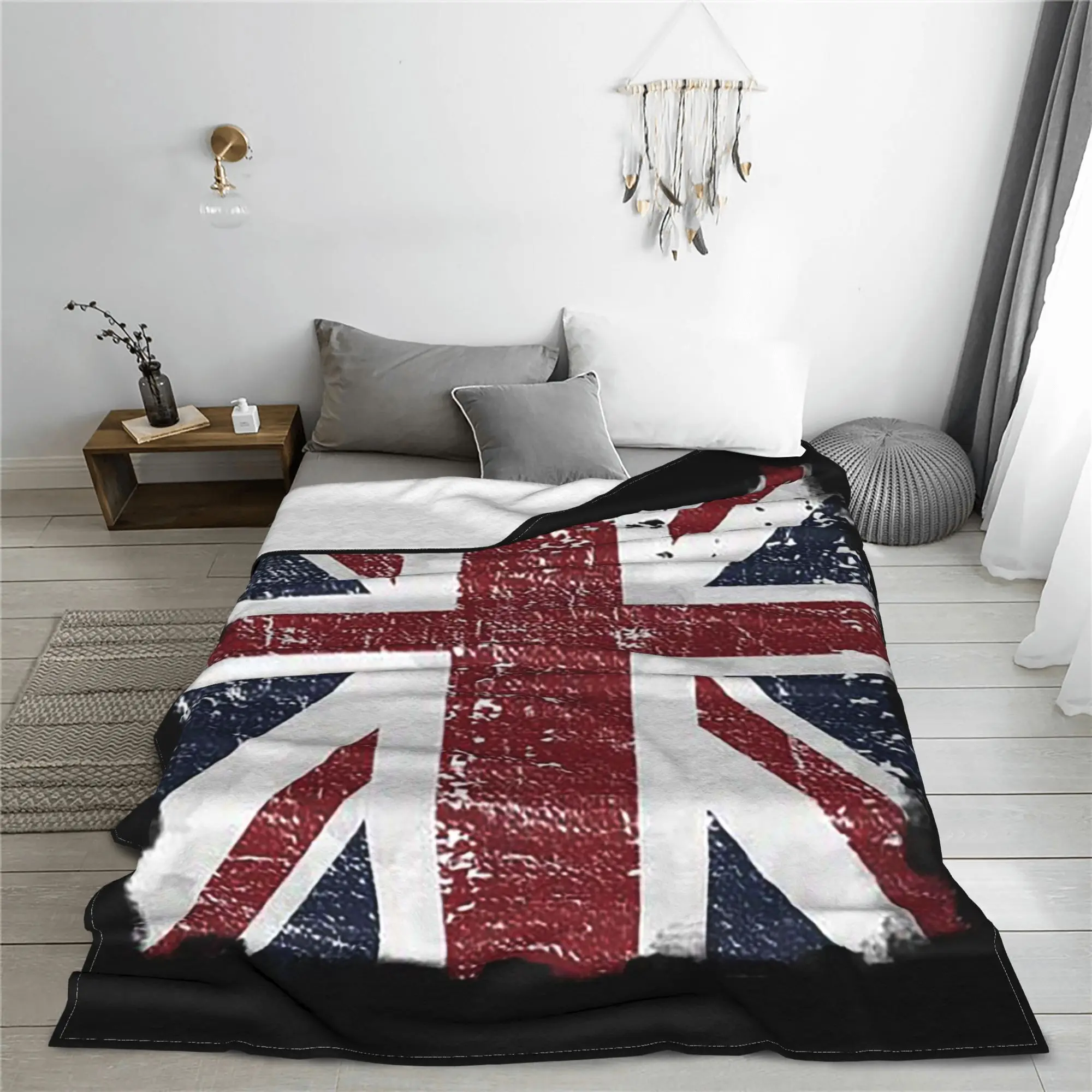 Distressed British Flag Black Grey Union Jack Face Mask UK Blanket Breathable Fleece Sofa Throw Blanket for Home Bedroom Office