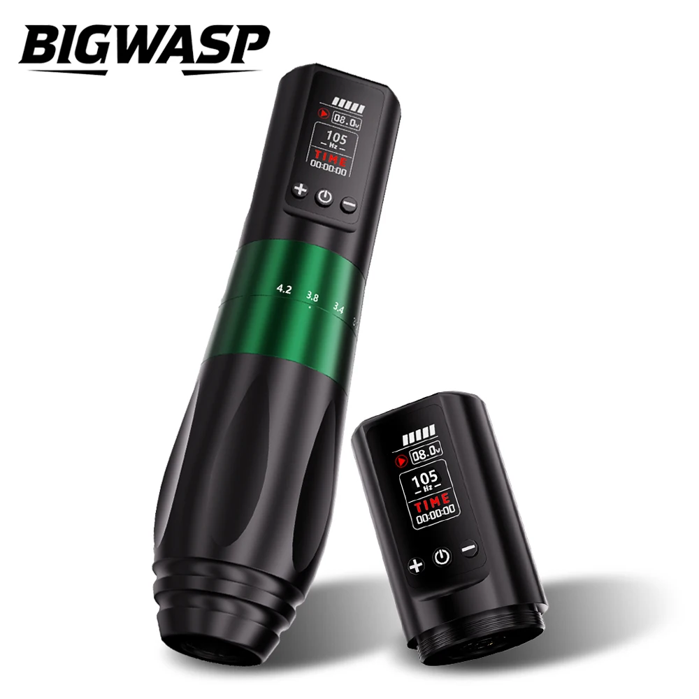 

BIGWASP Беспроводной тату-пулемет с двумя батареями, ручка, OLED-дисплей, аккумулятор 1800 мАч, регулируемый ход 2,0-4,2 мм для татуировщика