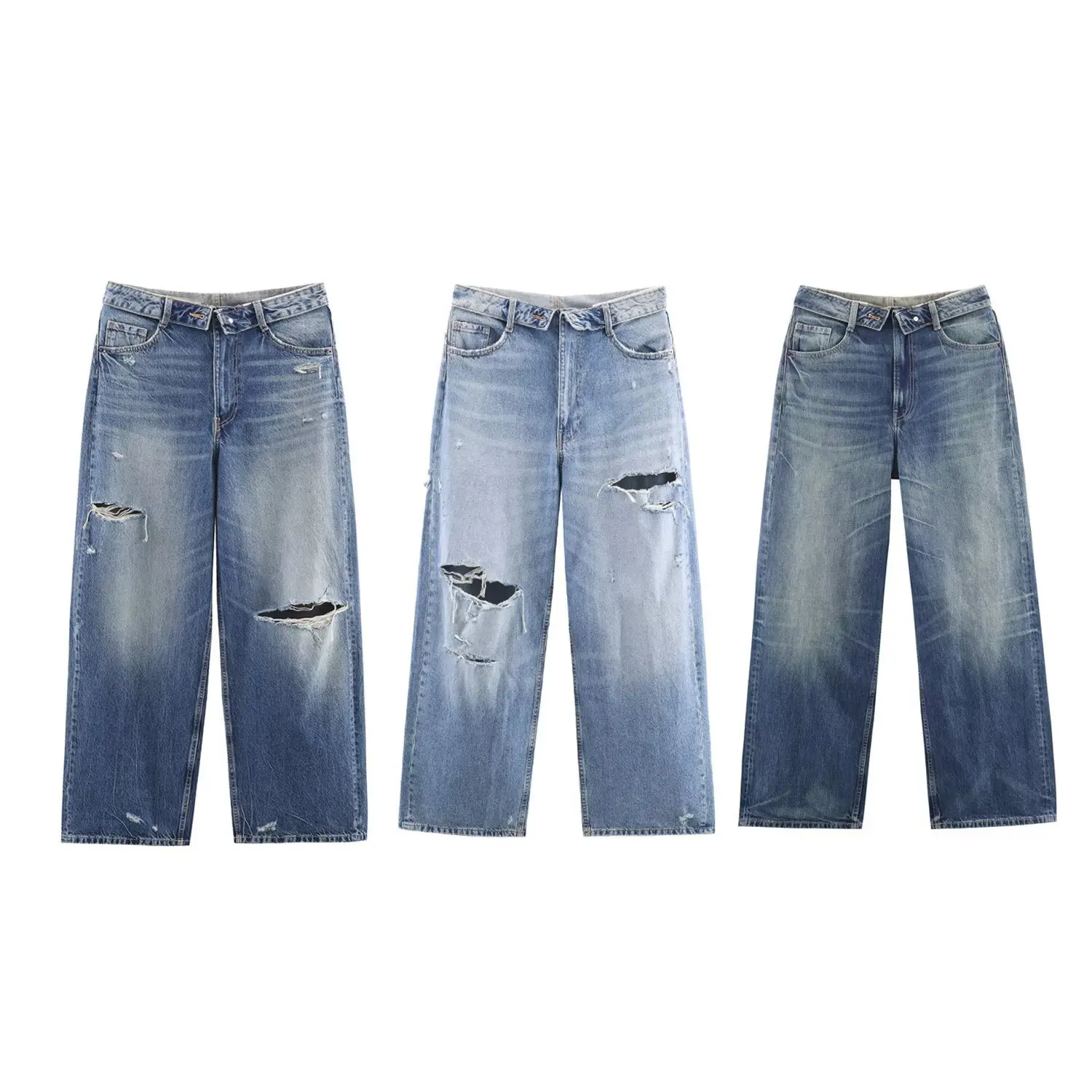 New Autumn/Winter Fashion Casual Mid Waist Hole Solid Color Loose Fit Wide Leg Jeans,3 Colors