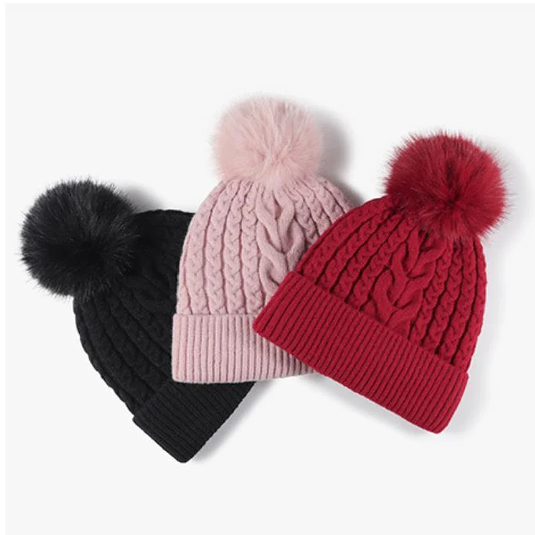 Classic Lovely Fur Pompom Beanies for Women Knit Winter Hats Thick Double Layers Fleece-lined Bonnets Rubbit Fur Skullies Female