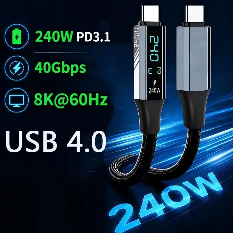 240W Kabel mit Digitalanzeige, USB-C-Kabel, 8K HD-Video, Bildschirmübertragung, 40 Gbit/s, hohe Datenübertragungsgeschwindigkeit, geflochtenes Kabel für Laptop und Smartphone.