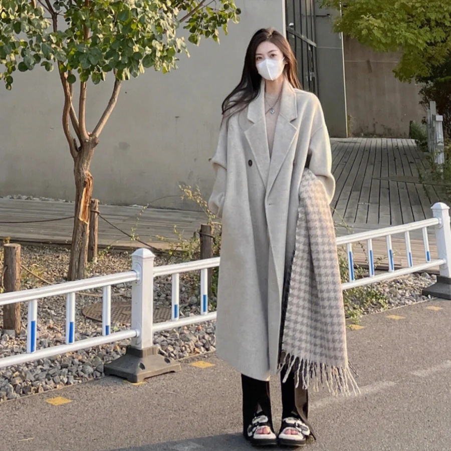 

2023 Turn-down Collar Double Breasted Pocket Coat High Quality Double Sided Cashmere Coat Female Loose Fashion Winter Wool Coat