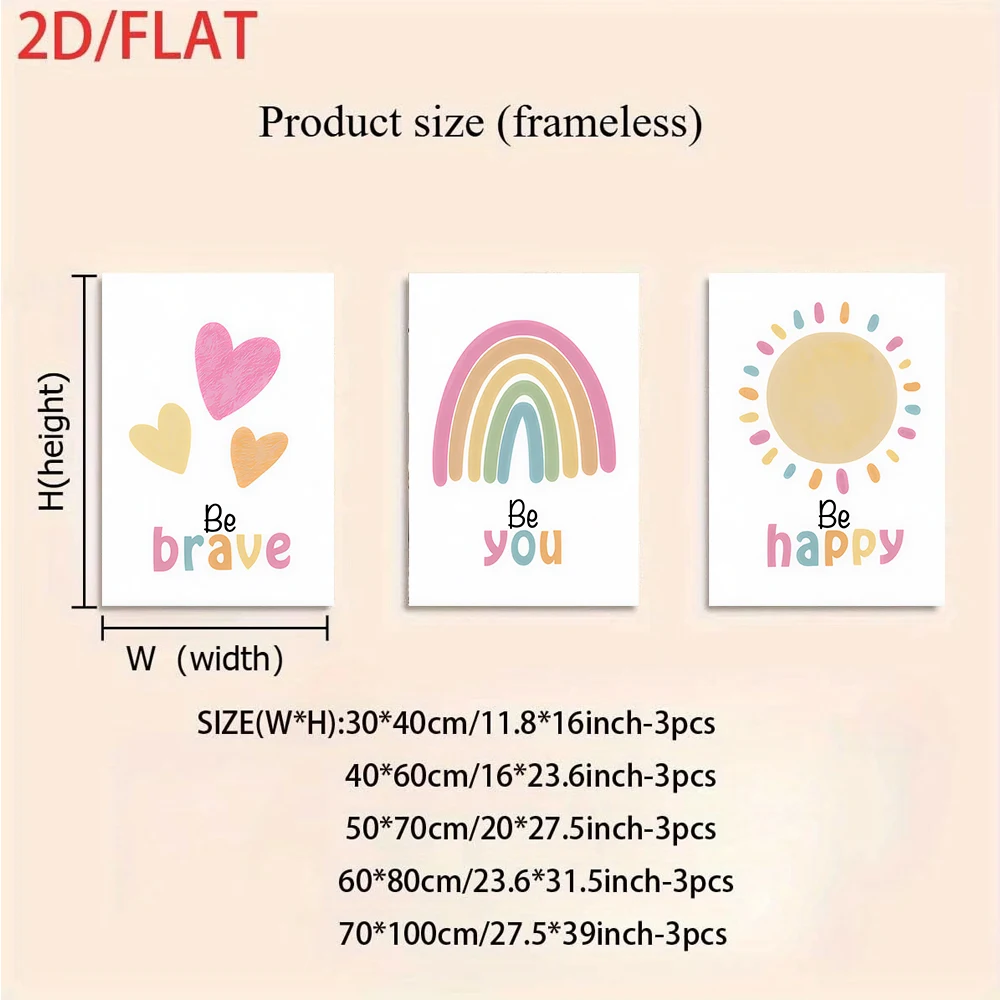 3PCS Large-sized frameless canvas paintings,1 Set Kids Room frameless triptych Wall Art Set, Cartoon Rainbow Sun Love Heart for