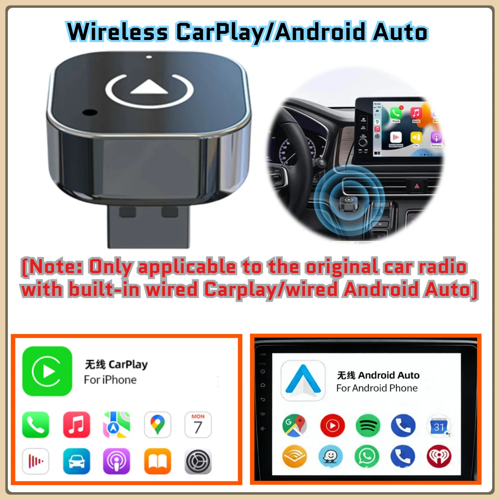 2 in 1 Wireless Smart USB CarPlay Android Auto Adapter  Dongle Auto Connect Plug & Play for iPhone & Android Factory Wired Cars
