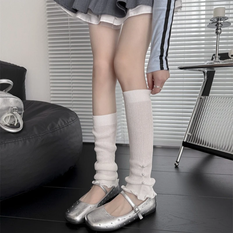 Pearl Leg Warmers Japanese Solid Color Black White Gray Calf Socks Stocking Leg Cover Lolita Frilly Socks Leg Warmers Foot Cover