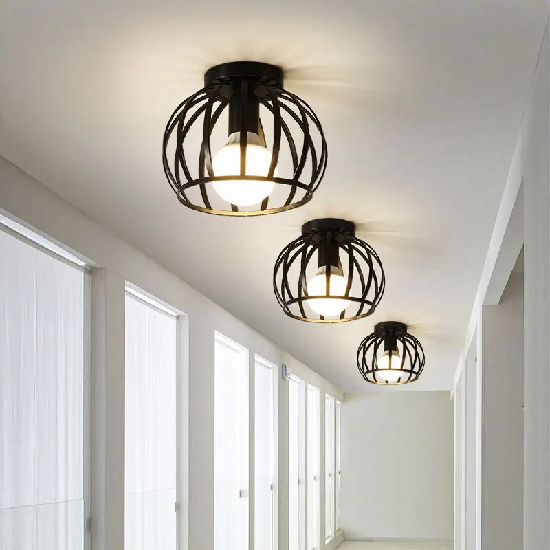 Retro E27 LED Ceiling Lights for Aisle Corridor Balcony  Black Vintage Indoor Cage LED Ceiling Lamps Decor for Bedroom Interior