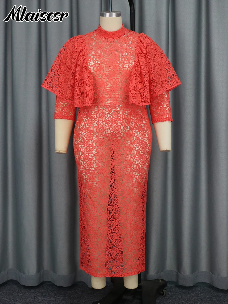 Mlaiscsr Women Red Lace 3/4 Sleeve See-Through Midi Dress with Underwear Elegant Birthday Wedding Guest Cocktail Two-pieces Robe