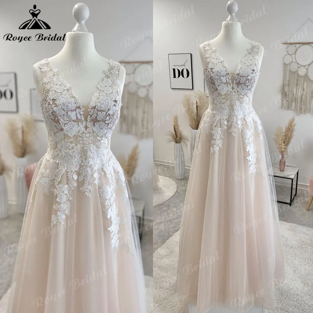 Vestidos Summer Plunging V Neck Lace Boho Civil Champagne Wedding Dress for Bride 2024 Appliques Wedding Gown Robe de mariee