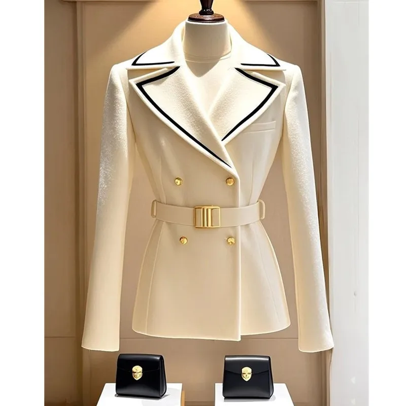 

Blazer Coat Women's New 2025 Spring Autumn Casual Top Double-breasted Elegant Office Jacket Waist Fashion Ladies Suit Outerwear