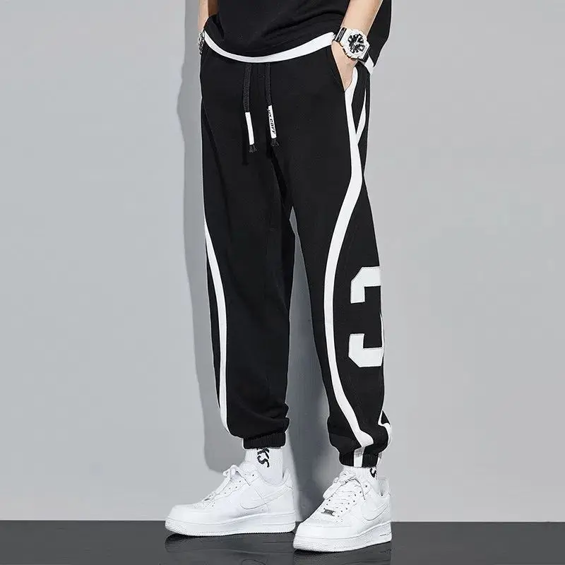 Korean Autumn Winter Fashion Casual Sports Pants Men Color Blocking Digital Pocket Patchwork Drawstring Fleece Straight Trousers