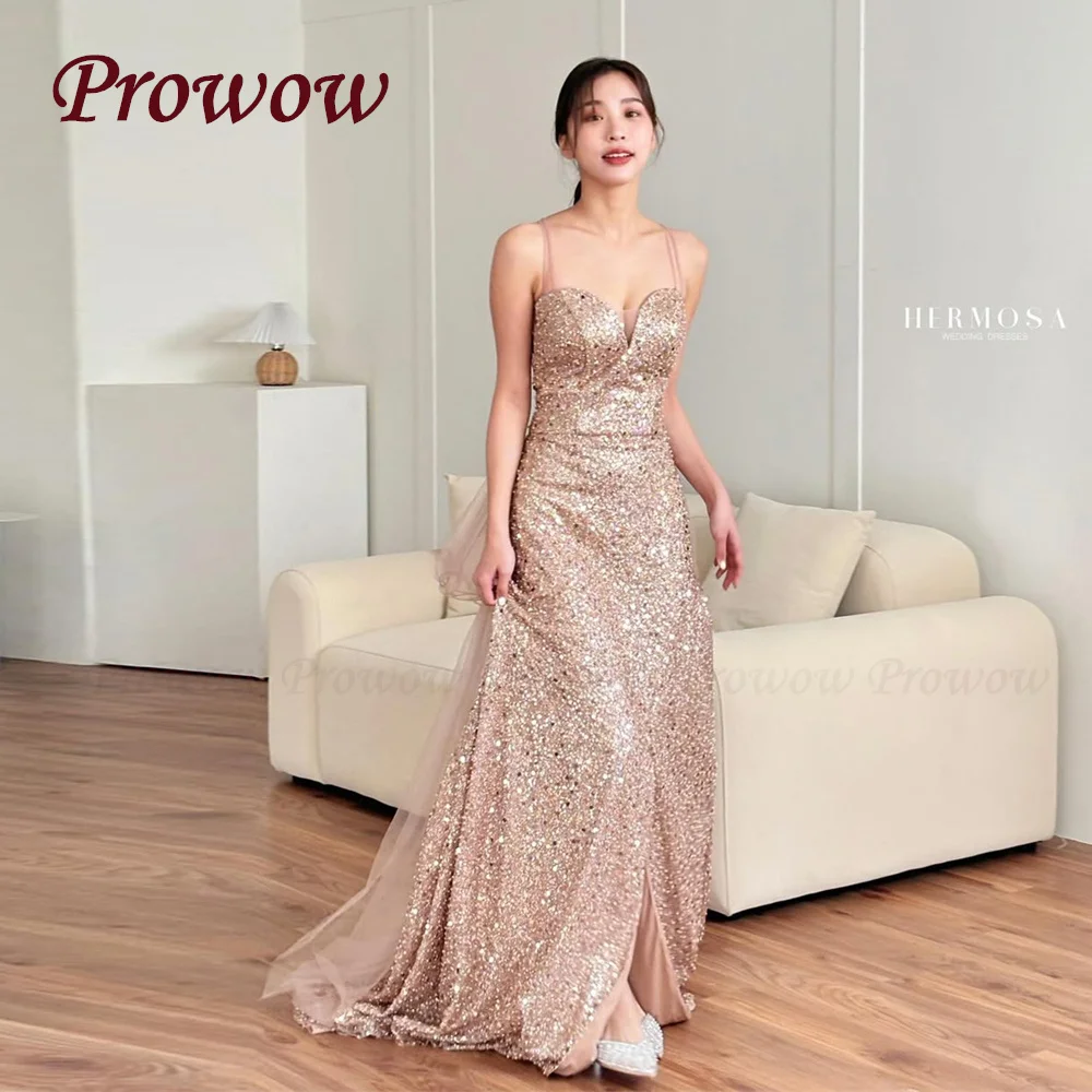 

Prowow Luxury Champange Mermaid Prom Dress Korea Photo Shoot Sequines Side Split Formal Evening Gown Customized Spaghetti Straps