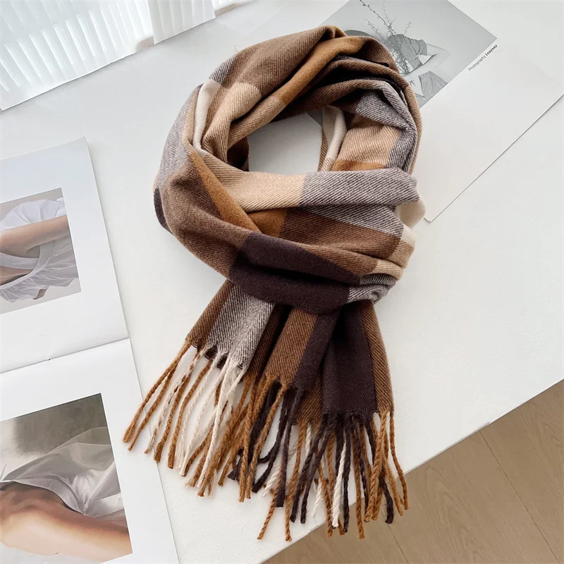 Luxury Japan Korea Style Winter Plaid Cashmere Blanket Scarf With Tassel Poncho Stoles Thick Warm Pashmina Shawl Wraps