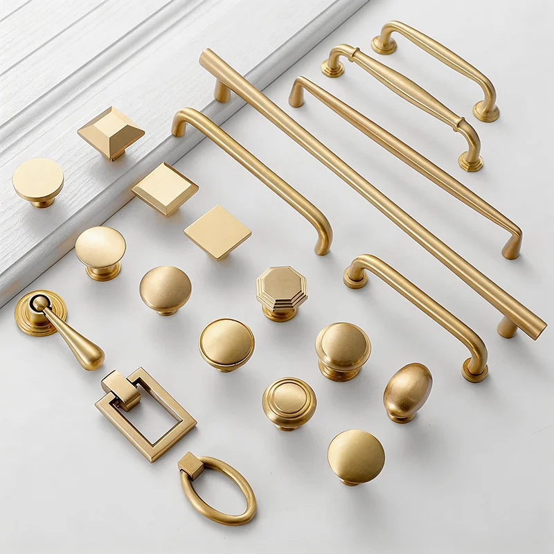2PC Solid Pure Brass Cabinet Handles Minimalist Gold Drawer Pulls Wardrobe Cupboard Door Knobs Furniture Hardware 96/128/192mm