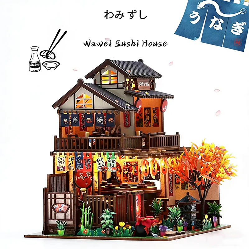 

3D-модель японского суши-хауса из дерева, миниатюрный кукольный домик с мебелью, набор для самостоятельной сборки, игрушка для детей и взрослых, подарок на день рождения, Casa
