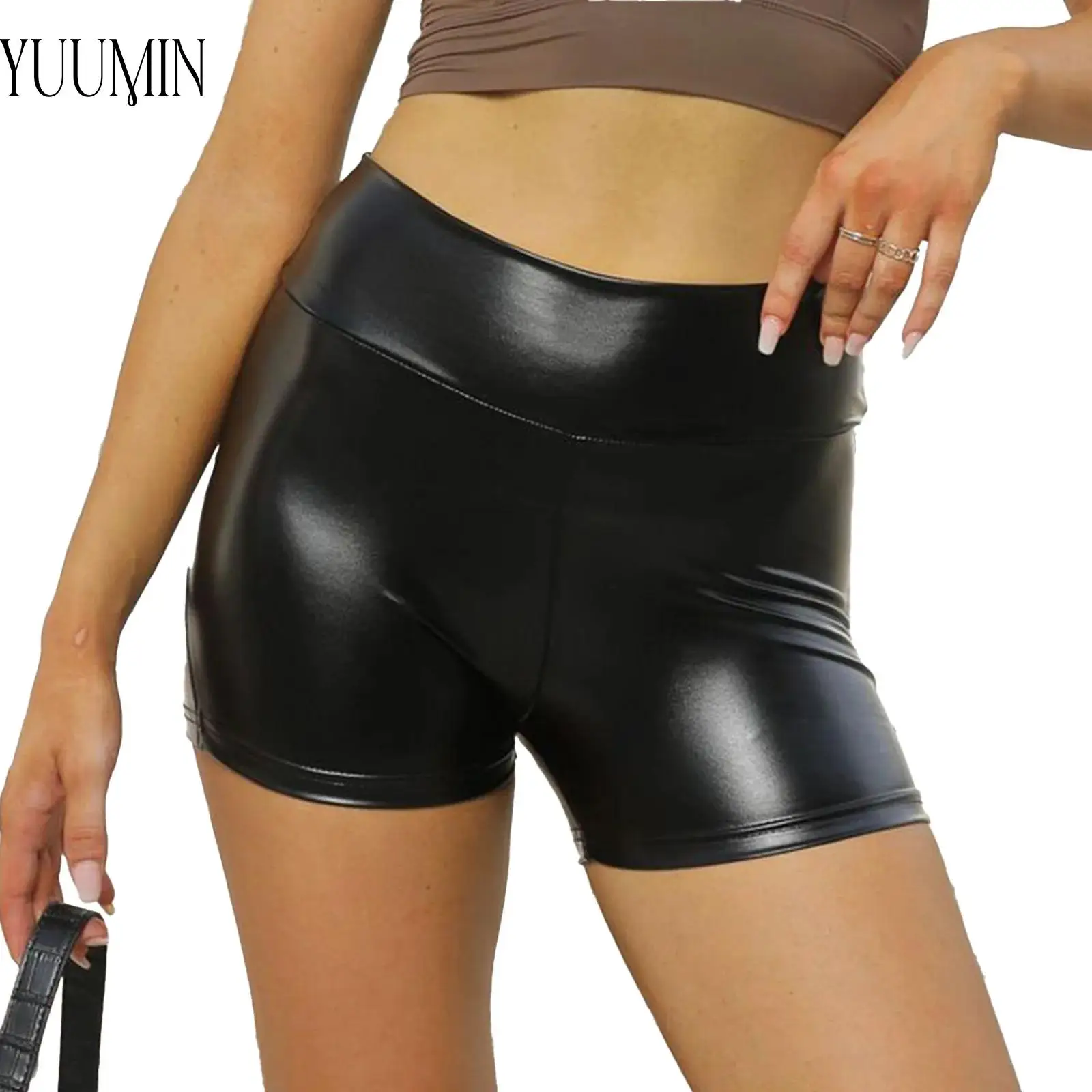 

Women Faux Leather Hot Pants Elastic Waistband Sexy Stretchy Breathable for Yoga Workout Sports Disco Party Club