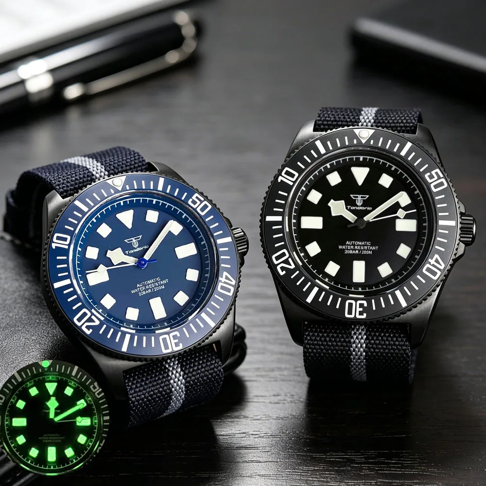 PVD Schwarz Titan Gehäuse Tandorio 42mm Retro FXD Blau Grün Japan NH35 PT5000 Automatik Herrenuhr Saphir 200M Taucheruhr Lume