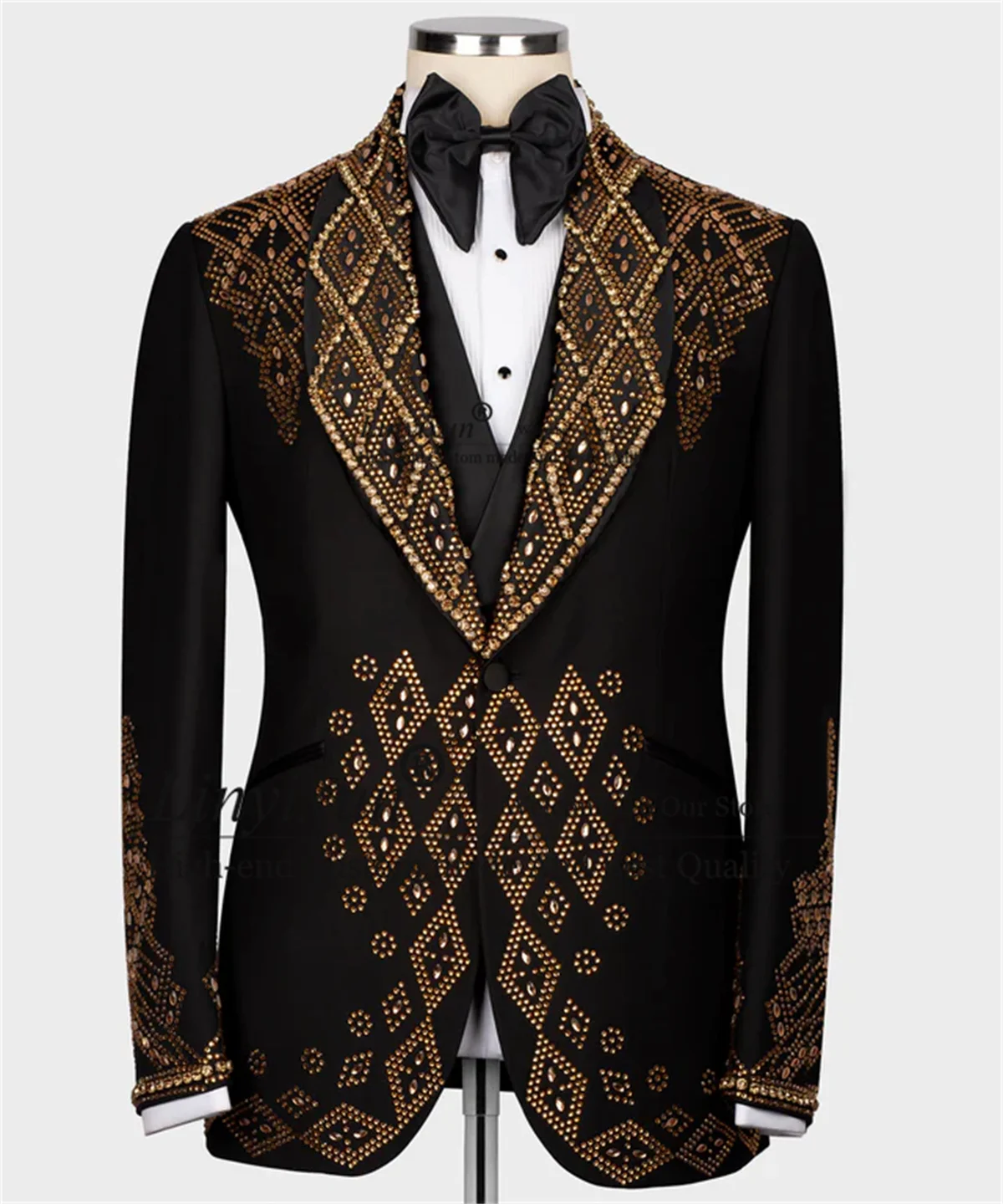 Sparkly Gold Crystals Beaded Men Suit Customized Wedding Groom Tuxedos 3 Pieces Sets Male Prom Blazers Slim Fit Costume Homme