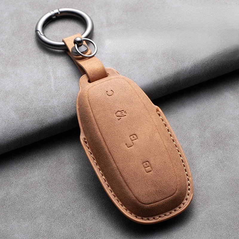 

4 Buttons Car Remote Key Case Cover for DENZA D9 2022 for Denza D9 DM-i 2022-2025 Leather Auto Key Fob Shell Protector Keychain