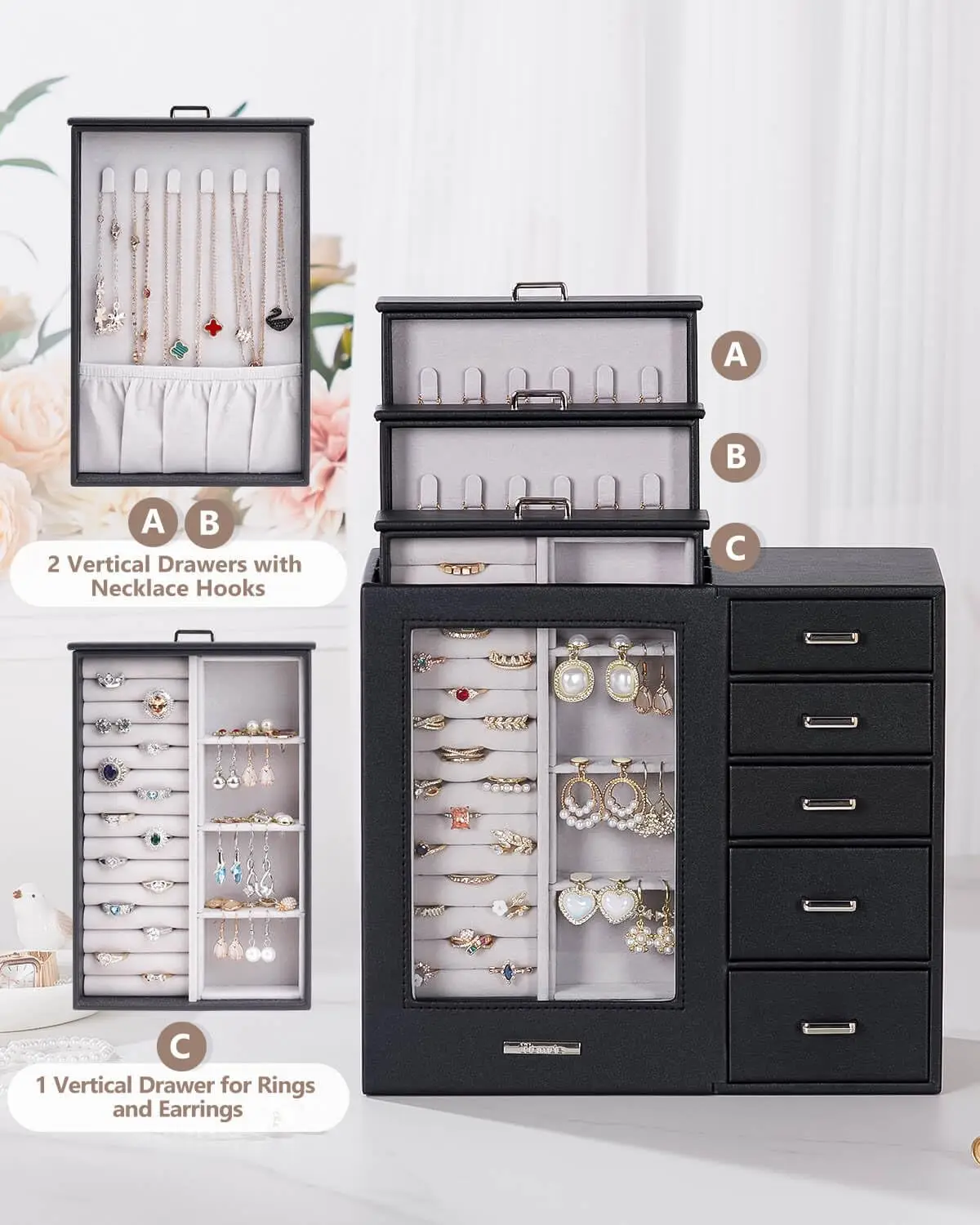 Large Jewelry Box/Organizer/Case with Glass Window, Drawers for Necklaces Earrings Rings Bracelets Watches Gift for Women Girls