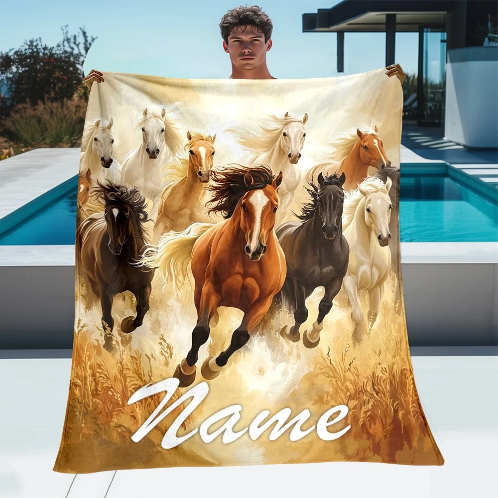 1Pc Running Horses Pattern Custom Name/Text Flannel Blanket, Soft and Comfortable, Suitable for Office, Home, Holiday Gift ﻿