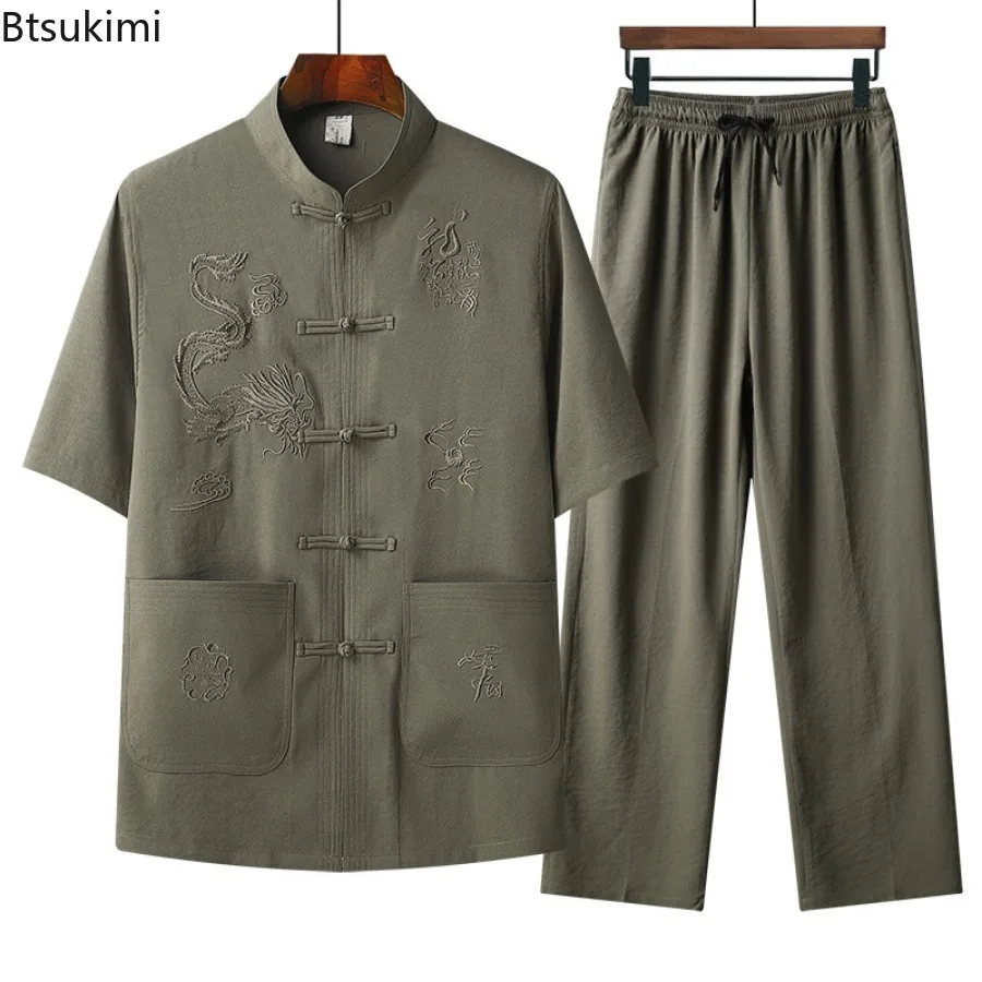 Summer Chinese Style Embroidery Tang Suit Men\'s Stand Collar Shirt and Pants Loose Casual Han Fu Two-pieces Men Tai Chi Outfits