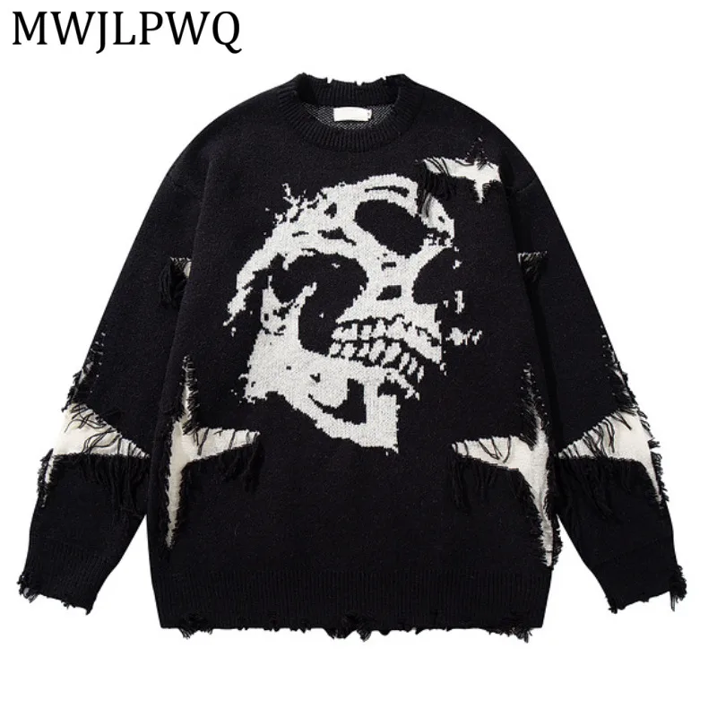 

MWJLPWQ Men's American Hip-Hop Trend Distressed Ripped Skull Jacquard Sweater Casual Thick Knitwear 2026 Autumn Winter New 15749