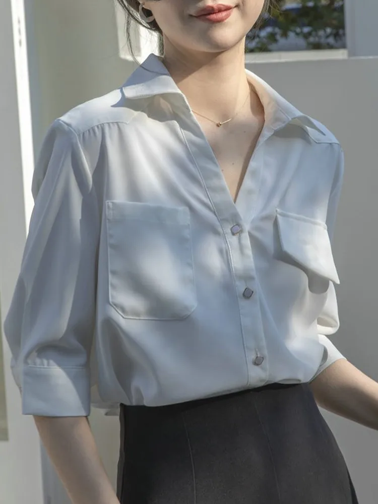 Professional White V-Neck Shirt Women's Summer 2026 New Design Formal Five-Quarter Sleeve Sweet Style Japanese Loose Fit Shirt