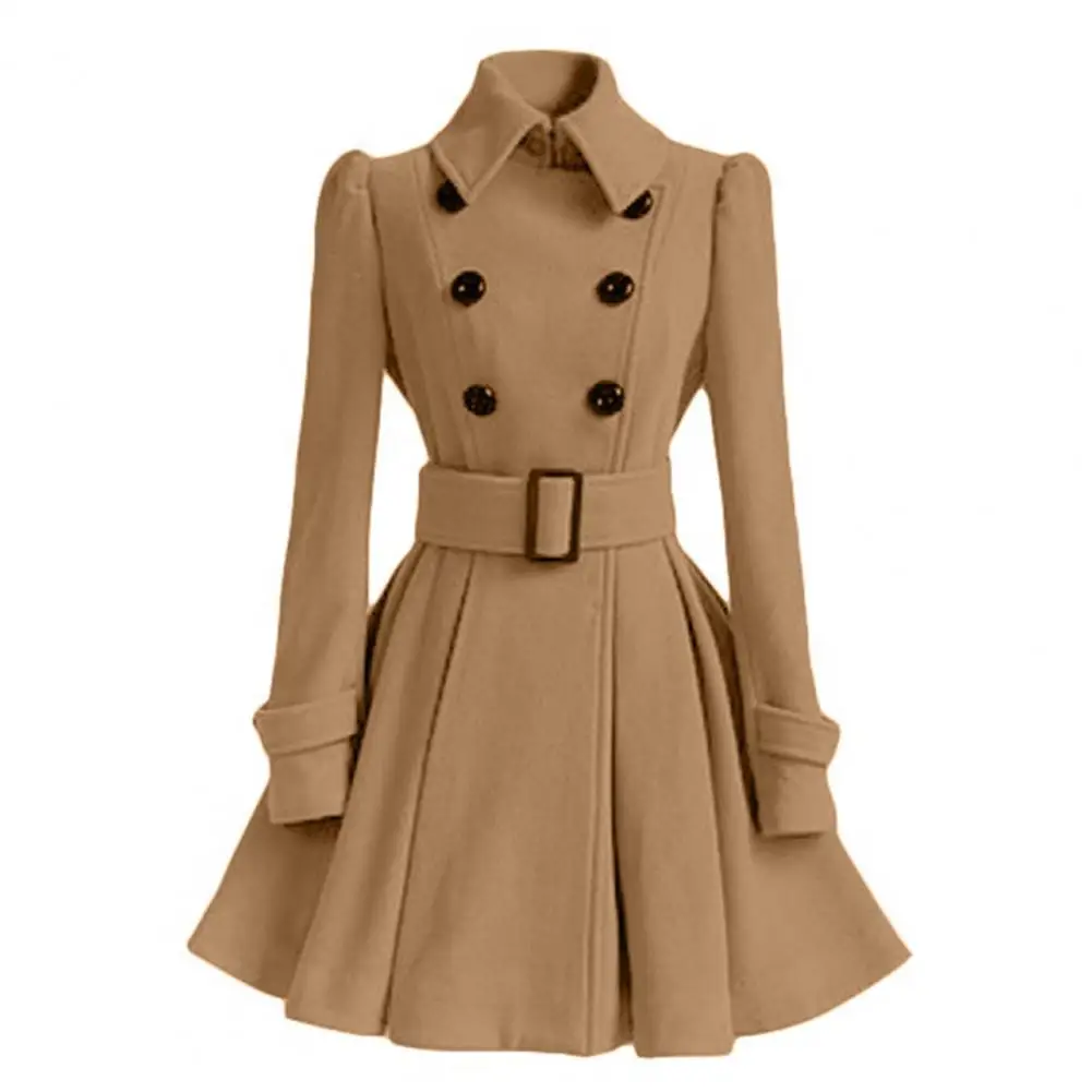Women Winter Coat Thick Midi Length Solid Color Double-breasted Lapel Keep Warm A-line Loose Hem Tight Waist Lady Coat