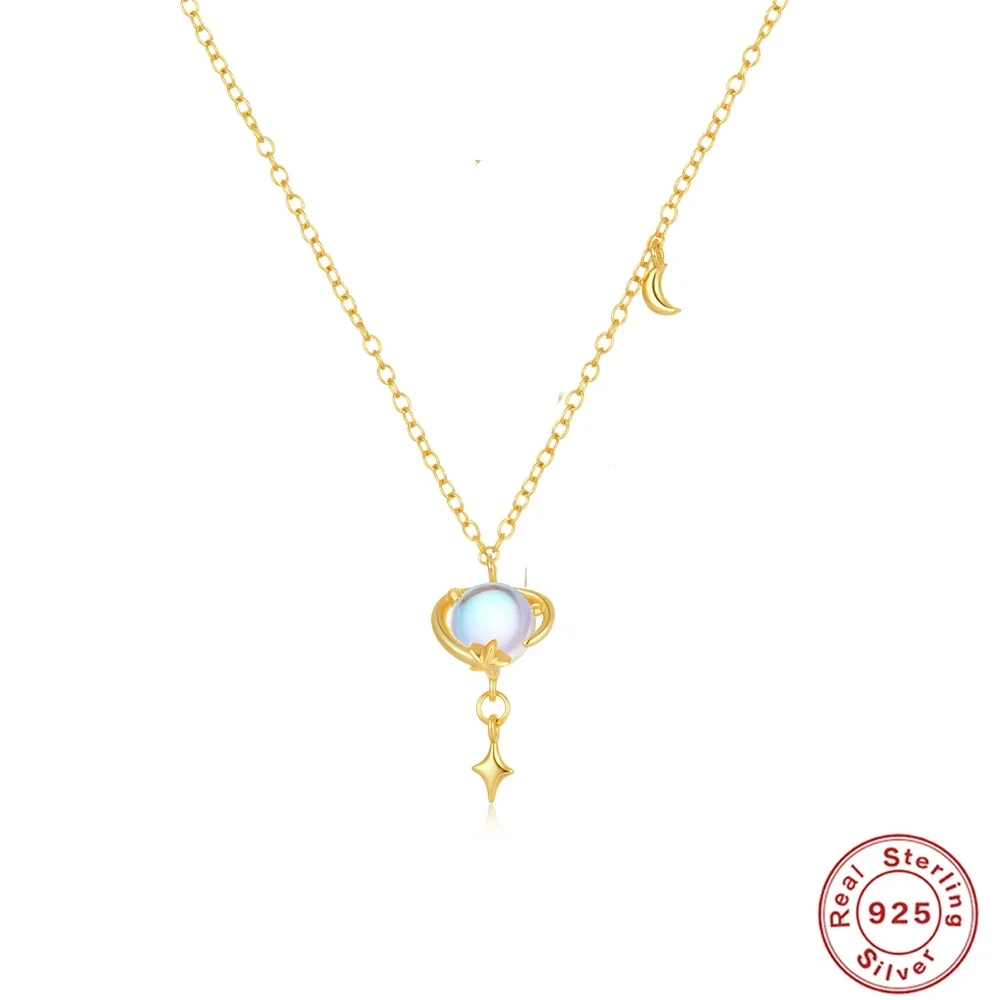 

VAL 925 Sterling Silver Beautiful Shiny Opal Star Moon Elements Pendant Necklace Choker Chains for Women Xmas Party Gift Jewel