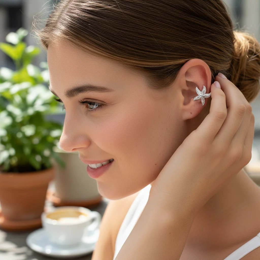 Metal Flower Earrings With Shell-Starfish C-Shaped Design For Women