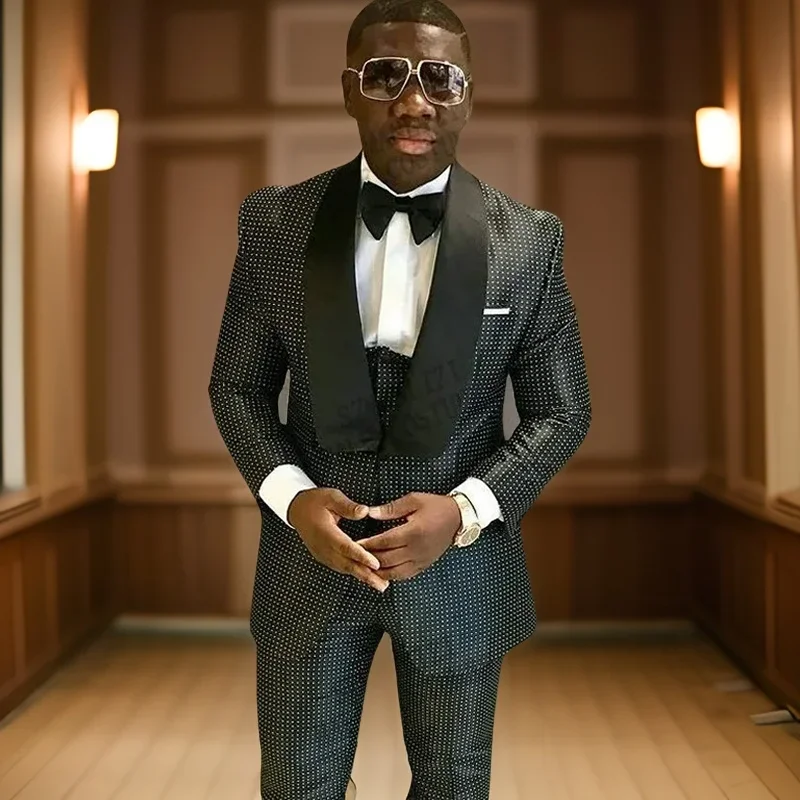 African Formal Men Suits Slim Fit For Wedding Dinner Custom Groom Tuxedo Black Dots Latest Designs Male Fashion Costume 2024