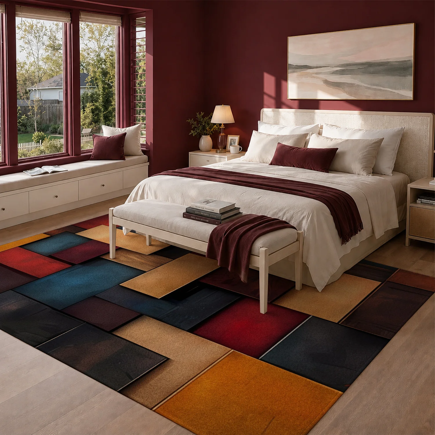 Large Indoor Area Rug, Soft Velvet Low Pile with Non-slip Dotted Backing, Machine Washable, Abstract Geometric Block Pattern in Warm Red, Amber & Deep Blue, Ideal for Living Room, Bedroom Floor Decor