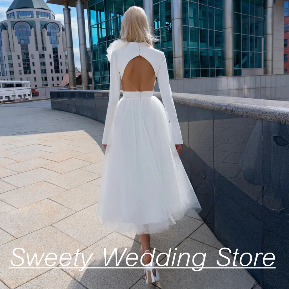 Civil Wedding Dress Jewel Neck Long Sleeves Open Back Flowers A Line Tulle Vestidos De Novia Bridal Gown Little White Dresses