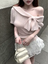 Bow Tie Hollow Out Top Women Summer Short Sleeve Off Shoulder Knitted Tee