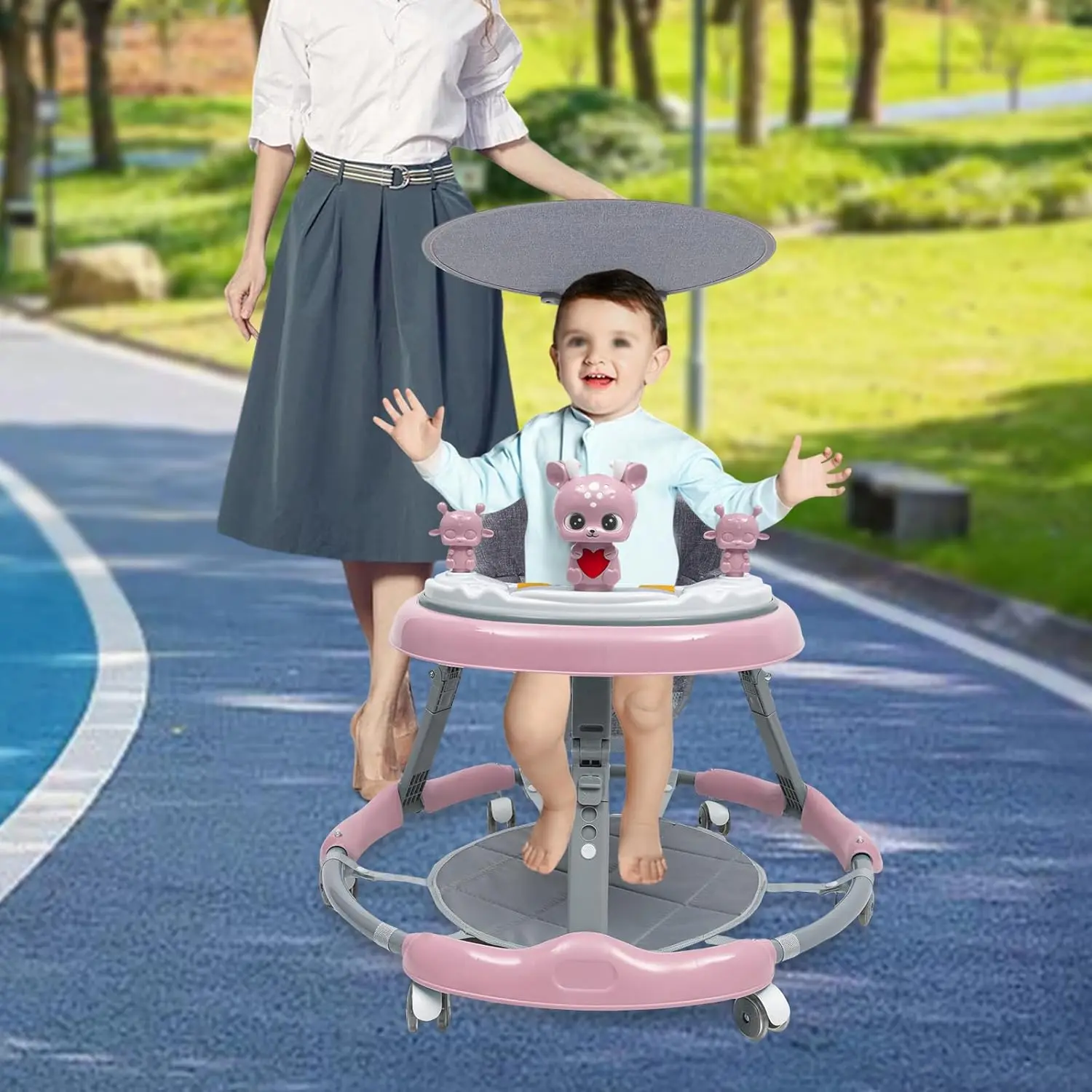 Chodzik dla niemowląt Składany chodzik dla niemowląt o regulowanej wysokości z cichym kołem z PVC Taca do zabawy i tacą dla dzieci w wieku 6-18